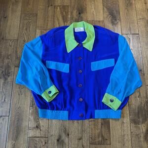 Vintage 100% Silk Blouse Blue Green Color Block Button Down Shirt Womens Sz 1X